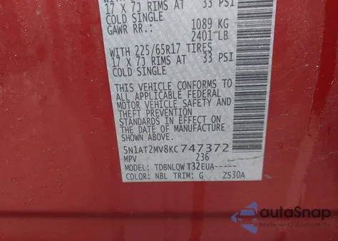 2019 Nissan Rogue Sv z USA, uszkodzony, nr VIN 5N1AT2MV8KC747372